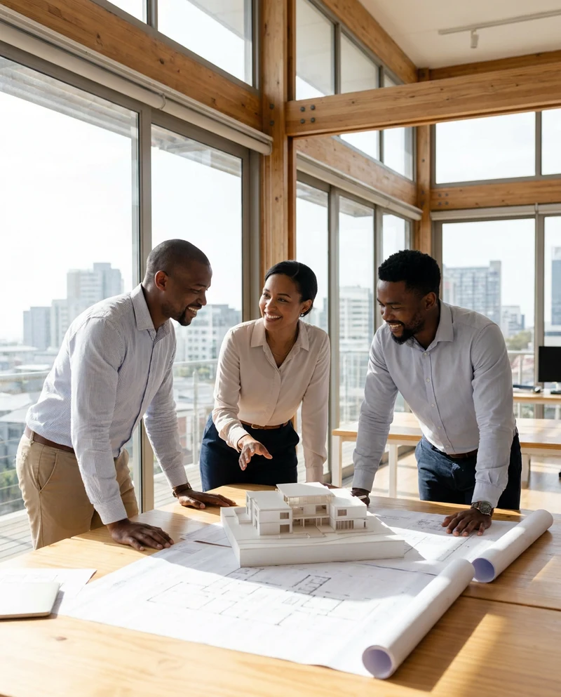 Architects reviewing drawings and a scale model